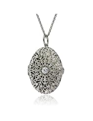 Platinum Plated Sterling Silver Simulated Diamond Oval Locket, 21.75"