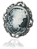 Big 2" Gray Victorian Cameo Lady Filigree Pendant or Broach with Gunmetal Hematite Finish & Blue Austrian Crystals