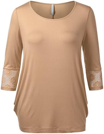 URBANCLEO PLUS Womens Lace Trim at Sleeves Rounded Neckline Shirt KHAKI XXLARGE