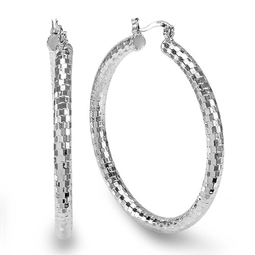 Platinum Look Rhodium Plated Shiny Small Diamond Cut Hoop Earrings (1.15 inch length 4.25 mm wide 7.6 gram)