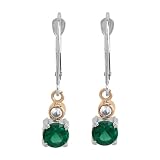10k Two-Tone 5mm Round Lab Emerald Bezel Drop Earrings