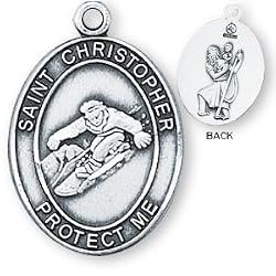 Sterling Silver Saint Christopher Mens-Boys Snowboarding Medal and 24-inch Chain