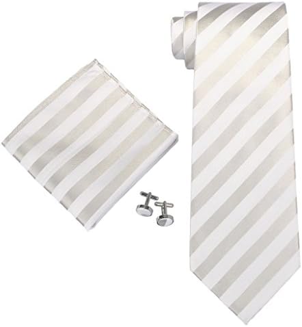 Zheli Men's Stripes Silver Silk Tie Set: Necktie+Hanky+Cufflinks, 58 x 3.25 inch
