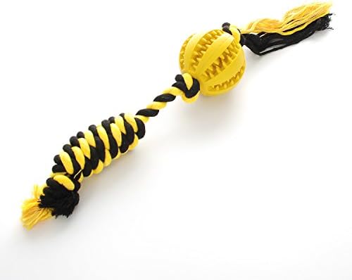Dog Chew Toy -Chew Ball and Rope- 2 in 1 Dental Chews Dog Toys - Rubber Dog Treat Ball / Teeth Cleaning Ball with Chew Ropes for Dog Training and Playing ,Gums Massage