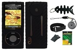 Black Silicone Skin Case Cover + LCD Screen Protector + Belt Clip + Adjustable Armband + Lanyard + Fishbone Keychain for Apple iPod Nano 5th Generation 5G, 8GB,16GB Series Bundle Kit Set