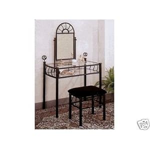 Black Metal Bedroom Vanity with Glass Table & Bench Set