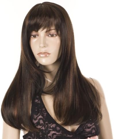 Brunette Wig with Copper Highlights | Natural Wave | Trendy soft face framing fringe 70's inspired 'Goldie' wig