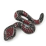 Black/Red Swarovski Crystal Snake Brooch In Gun Metal Finish