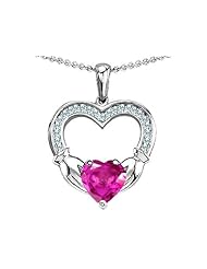 Celtic Love by Kelly Hands Holding 8mm Heart 1inch Claddagh Pendant With Created Pink Sapphire in .925 Sterling Silver