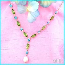 14K Blue Topaz, Peridot and Pearl Drop Necklace by Blue-Topaz Necklaces