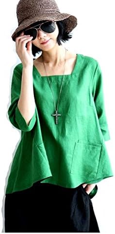 Topsee Women's Flax Linen Vintage Casual Shirt Blouse Green L
