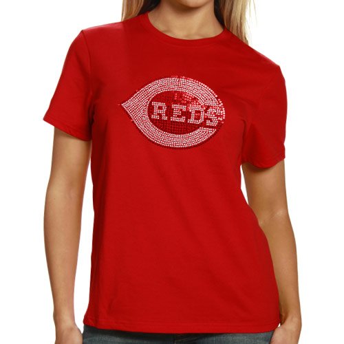 Cincinnati Reds Ladies Sequin Jersey Logo Premium T-Shirt - Red (Small)