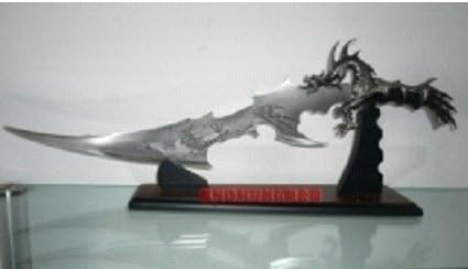 S0166 Flying Fire Dragon Sword Knife Silver Death Blade Engravings /Stand 25"