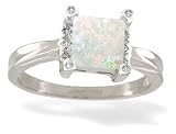 14K White Gold Genuine Square Opal and Diamond Ring