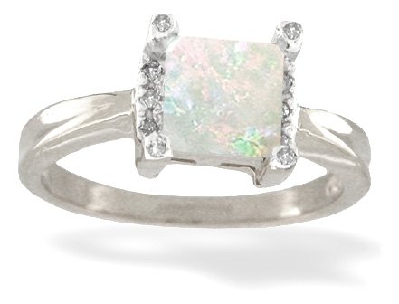 14K White Gold Genuine Square Opal and Diamond Ring