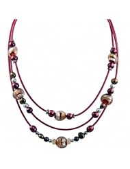 Sterling silver dyed chocolate, cranberry and grey freshwater cultured pearl with glass bead rose rubber necklace, 17.5-18.5"