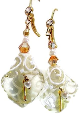 Bridal Earrings Gold and Ivory with White Designs Calla Lily Lampwork Glass Beads
