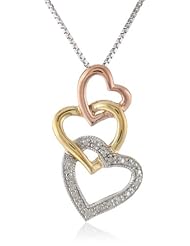 Sterling Silver 3-Tone with 14k Yellow Gold Plating Heart Diamond Pendant Necklace, 18"