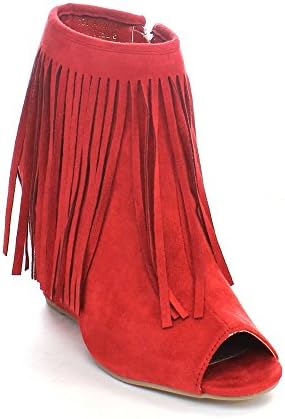 ADIRANA DONYA-101 Women's Peep Toe Fringe Wedges Heel Ankle Boots, Color:RED, Size:9