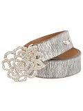 GUESS Metallic Belt with Rhinestone Flower Buc, GREY (L)
