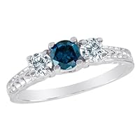 10K White Gold Round 3 Stone Blue Diamond and White Diamond Ring With Cobra Design Shank (1 cttw) - Size 6