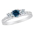 10K White Gold Round 3 Stone Blue Diamond and White Diamond Ring With Cobra Design Shank (1 cttw)