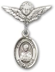 Sterling Silver Baby Badge with St. Timothy Charm and Angel with Wings Badge Pin