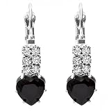 Platinum Plated Black Heart Shape with White Round CZ Cubic Zirconia Ladies Dangling Earrings (9mm Width x 25 mm Length)