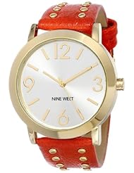 Nine West Womens NW/1492SVOR Gold-Tone Studded Orange Strap Casual Watch