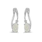 14K White Gold Oval Opal and Diamond Wave Earrings