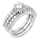 .925 Sterling Silver Wedding Ring Set, Three Rows of Round Cut Cubic Zirconia