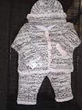 Cpk41pkdbr, Hand Knitted Pink Chenille and Dark Brown Cotton Tweed Infant Girls Cardigan Sweater,pant, Hat Set