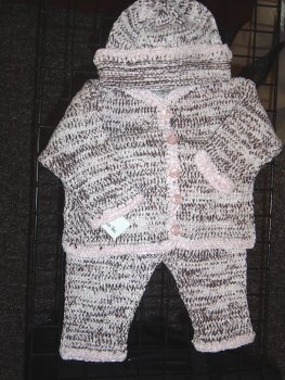 Cpk41pkdbr, Hand Knitted Pink Chenille and Dark Brown Cotton Tweed Infant Girls Cardigan Sweater,pant, Hat Set