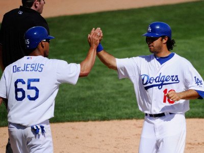 Texas Rangers v Los Angeles Dodgers, GLENDALE, AZ - MARCH 15: Ivan DeJesus and Andre Ethier Photographic Poster Print by Kevork Djansezian, 24x32