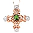 14K Rose Gold Emerald, Pearl and Diamond Cross Pendant