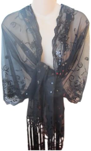 Sheer Flower Swirl Sequin Fringed Evening Wrap Shawl for Prom Wedding Formal