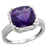 Sterling Silver Diamond Halo Amethyst Ring Checkerboard Cushion 11 mm 5.85 Carats, 1/2 inch (12.5mm) wide, size 7
