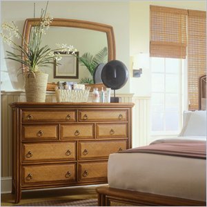 American Drew Antigua Tall 9 Drawer Double Dresser and Mirror Set in Toasted Almond