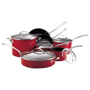 KitchenAid Gourmet Reserved 12-Piece Nonstick Hard Base Cookware Set, Red