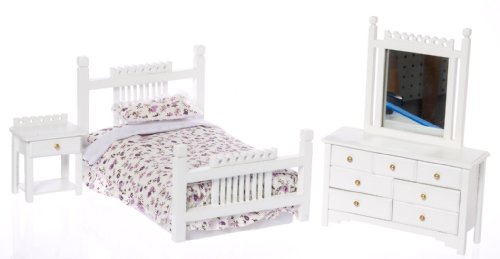 Childrens Toyshop  Toys : Picket Style White Bedroom Set. Night Stand / Dresser w/Mirror. Light Purple Flower Bed spread