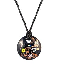 Necklace - N438 - Round Murano Glass ~ Round Murano Glass ~ Black and Copper with Millefiore Flowers hung on Triple Strand Twisted Black Satin / Silk Cord + 2" Extension Chain (17")