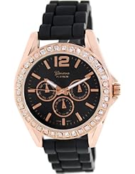 Geneva Platinum Womens 7846.BLACK.ROSEGOLD Black Rubber Quartz Watch with Black Dial