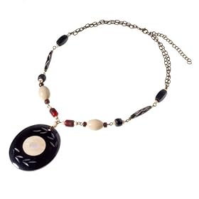 Onyx Colored Pendant Necklace W/wood and Bone Beads [Limited Time Blowout Offer]
