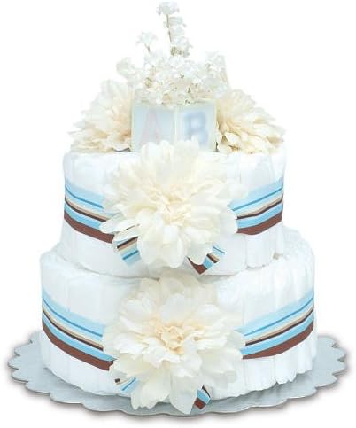Bloomers Baby Diaper CakeModern Cream Dahlias with Aqua Chocolate Stripes Small 2Tier