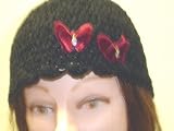 Cp123br, Hand Crocheted Black Chenille Gimp Tweed Skull Cap Trimmed with Two Red Rhinestone Butterfly for Women, Teens and Petites.