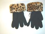 G212b, Hand Trimmed Black Angora Gloves with Leopard Print Wool Cuff for Women and Teens.