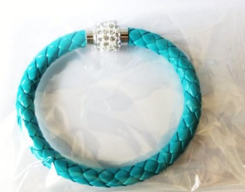 Leather Pavè Braided Leather Magnetic Clasp Multi Color Bangle Bracelet SZ 8 (AQUA)