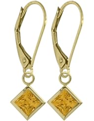 Girls 14K Yellow Gold 1.20 Carat Princess Cut Square 5mm Genuine November Citrine Leverback Gem Earrings