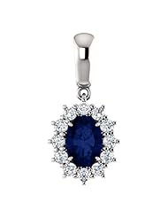 18K White Gold 7.00x5.00mm Oval Cut Chatham Created Sapphire and Diamond Pendant -- LIFETIME WARRANTY