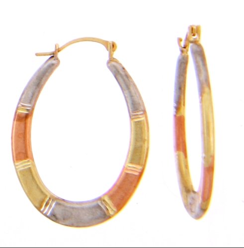 Hoop Earring 14k Gold Tri-Color Oval Etched Cut Matte Finish 1 (27.0mm)